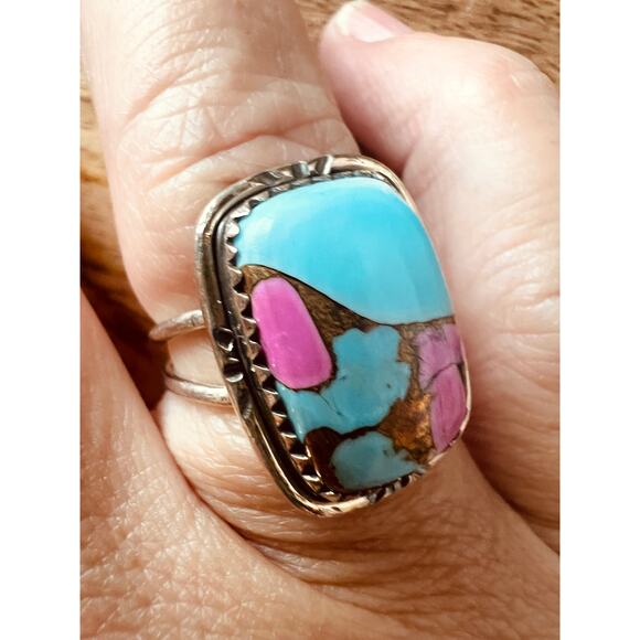 Sterling Silver Cotton Candy Turquoise Ring Pink Blue Size 5.75 6g Boho Jewelry - Picture 4 of 10